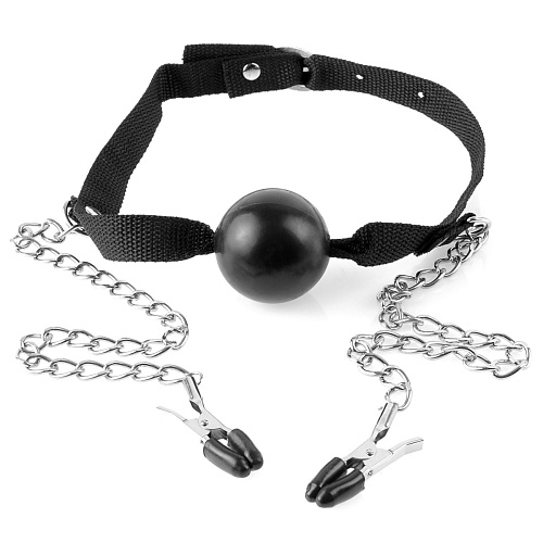 Чёрный кляп с зажимами на соски Pipedream Ball Gag Nipple Clamps PD2116-23