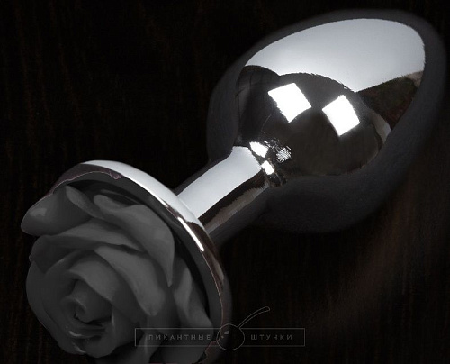 Серая анальная пробка с чёрной розочкой Пикантные штучки DPLS005ROSEB (8,5 см)