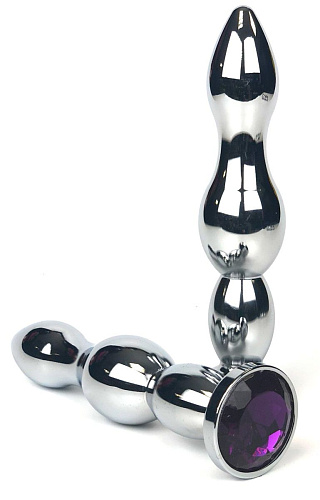 Серебристая коническая анальная пробка-ёлочка с фиолетовым кристаллом Vandersex 159-MA1 (12 см)