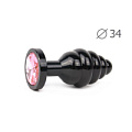 Коническая ребристая чёрная анальная втулка с розовым кристаллом Anal Jewelry Plug ABCK-02-M (8 см)