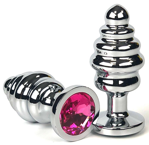 Серебристая ребристая анальная пробка с розовым кристаллом Vandersex 185-RPL (8 см)
