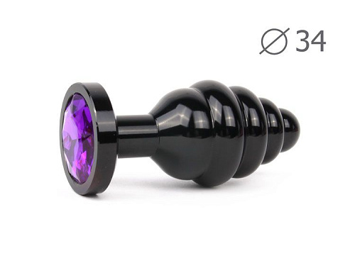 Коническая ребристая черная анальная втулка с фиолетовым кристаллом Anal Jewelry Plug ABCK-04-M (8 см)
