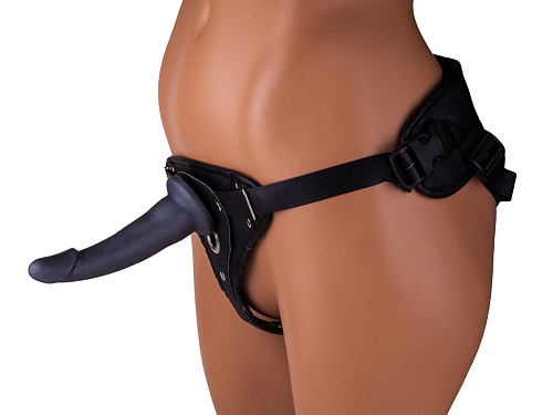 Телесный с чёрным кожаный пояс харнесс премиум класса с 3 насадками LOVETOY (А-Полимер) WOMAN LONG(S) 303903