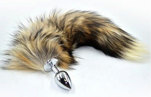 Серебристая анальная пробка из нержавеющей стали с коричнево-бежевым хвостом Kanikule AP-AL001S-R3