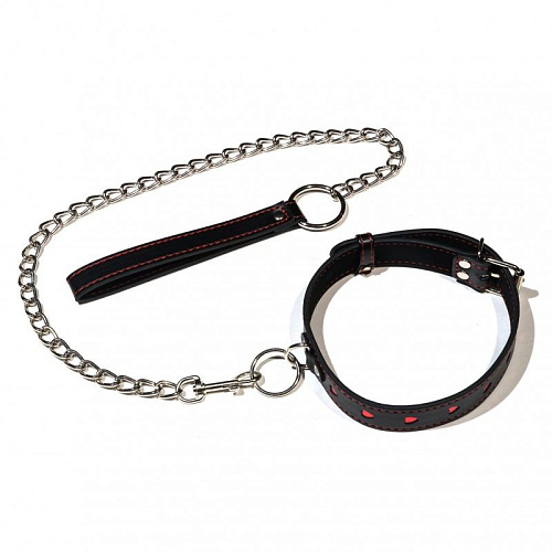 Чёрный ошейник с красными сердечками на металлическом поводке с ручкой Сумерки богов 912-01 BX DD