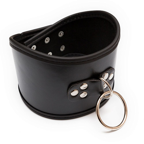 Черный широкий ошейник с кольцом из эко-кожи Пикантные штучки DP084
