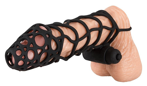 Чёрная закрытая насадка-сетка на пенис с вибрацией Orion Black Velvet 05822710000