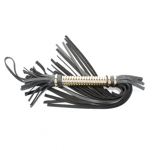 Чёрная кожаная плётка с золотистой рукоятью БДСМ арсенал 54013 (50 см)