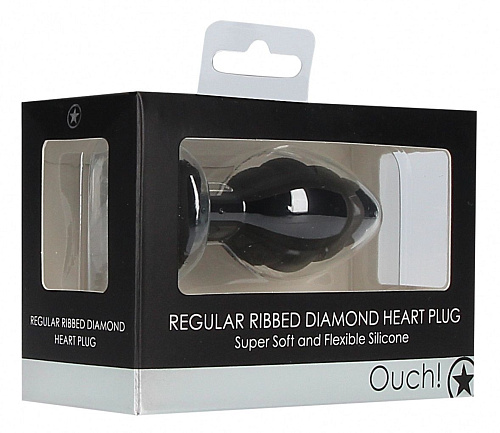 Чёрная анальная пробка Shots Media BV Regular Ribbed Diamond Heart Plug OU457BLK (7 см)