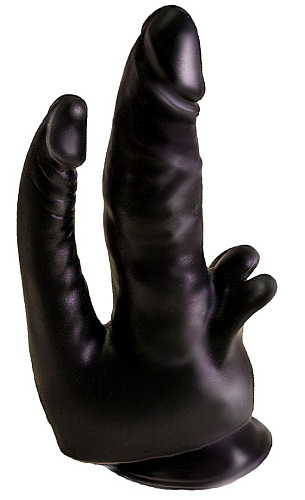 Чёрный двойной фаллоимитатор с клиторальными лепестками LOVETOY (А-Полимер) 404900 (17 см)