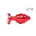 Коническая ребристая красная анальная втулка с прозрачным кристаллом Anal Jewelry Plug AR-01-M (8 см)