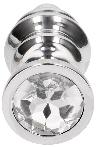 Серебристая ребристая анальная пробка с прозрачным кристаллом Shots Media BV RIC016SIL (8,3 см)