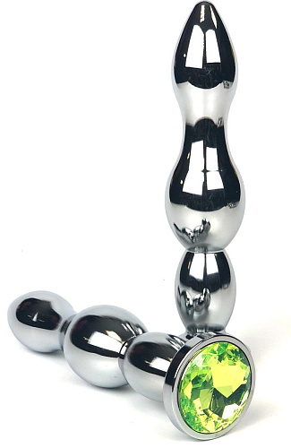 Серебристая удлиненная анальная пробка-ёлочка с лаймовым кристаллом Vandersex 159-MA7 (12 см)
