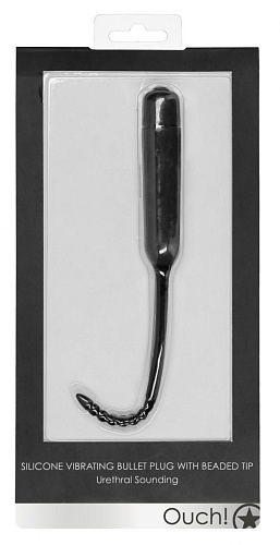 Чёрный стимулятор уретры с вибрацией Shots Media BV Silicone Vibrating Bullet Plug With Beaded Tip OU439BLK