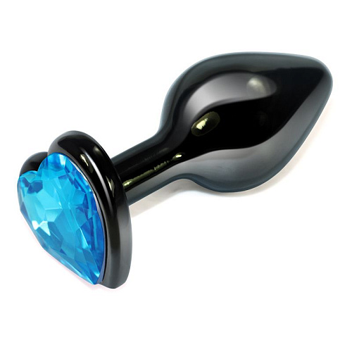 Чёрная анальная пробка с голубой вставкой с виде сердца Lovetoy Black Small RO-BH05-BOX (7,6 см)