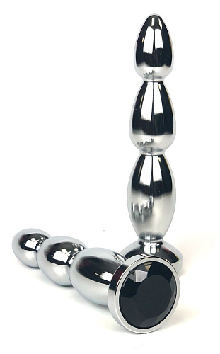 Серебристая удлиненная анальная пробка-ёлочка с чёрным кристаллом Vandersex 159-MAS5 (12 см)