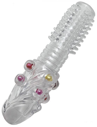 Прозрачная гелевая насадка-ёршик с бусинками Eroticon 30263 (14 см)