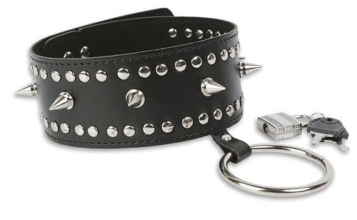 Чёрный ошейник с заклёпками и кольцом Пикантные штучки DP070
