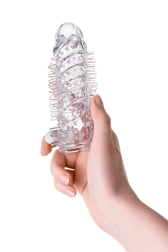 Прозрачная насадка на пенис с вибропулей и шипами A-toys TOYFA A-Toys 768014 (13,4 см)