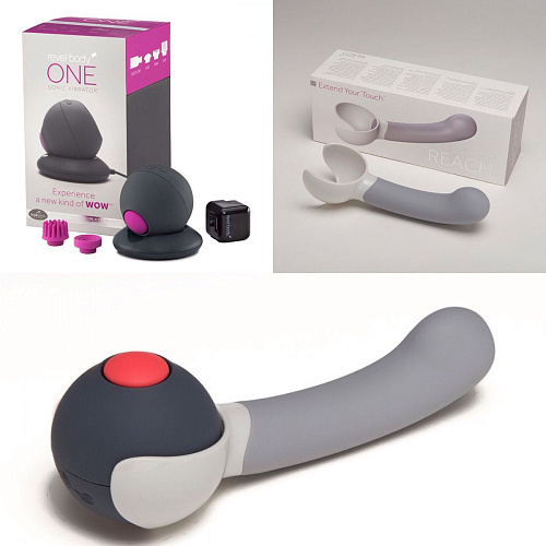 Пульсатор Revel Body One и серая насадка Reach в вибронаборе Revel Body Smart Set №13