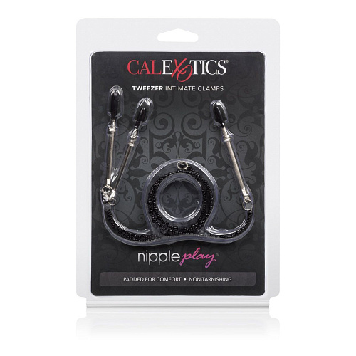 Серебристые зажимы на соски с чёрной цепочкой California Exotic Novelties Tweezer Intimate Clamps SE-2610-15-2