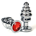Серебристая ребристая анальная пробка с красным кристаллом Vandersex 185-RRS (6 см)