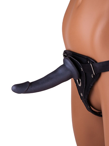 Телесный с чёрным кожаный пояс харнесс премиум класса с 3 насадками LOVETOY (А-Полимер) WOMAN LONG(S) 303903