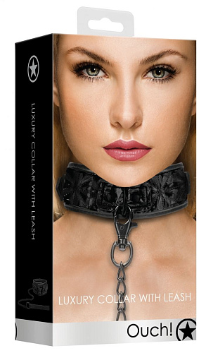 Чёрный широкий ошейник с поводком Shots Media BV Luxury Collar with Leash OU343BLK