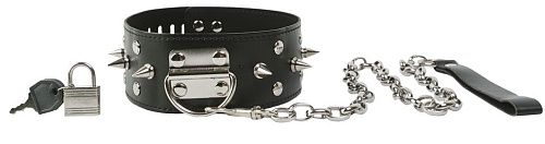 Широкий чёрный ошейник с шипами и поводком Пикантные штучки DP073