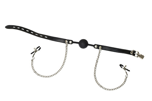 Чёрный силиконовый кляп-шар с зажимами на соски Lola toys Hentai 1150-01lola