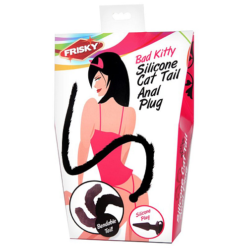 Анальная пробка с чёрным длинным кошачьим хвостиком XR Brands Faux Cat Tail Butt Plug AE285 (10 см)