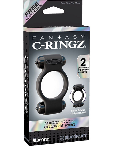 Чёрное эрекционное с двумя виброэлементами кольцо Pipedream Magic Touch Couples Ring PD5906-23