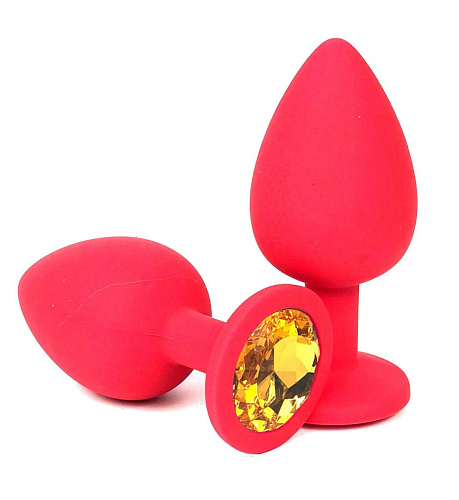 Красная силиконовая анальная пробка с оранжевым стразом Vandersex 122-3RO (9,2 см)
