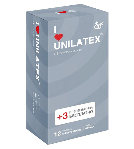 Презервативы с рёбрами Unilatex Ribbed №12 + №3 (12 шт + 3 шт)