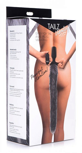 Чёрная анальная вибропробка с серым лисьим хвостом XR Brands Grey Fox Tail Vibrating Anal Plug AG187