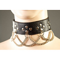 Чёрный узкий кожаный ошейник с цепями и клепками Подиум Р298