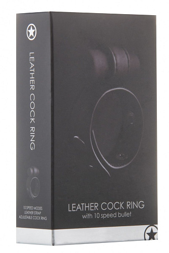 Чёрная утяжка на пенис с виброэлементом Shots Media BV Leather Cock Ring OU137BLK