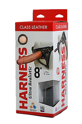 Насадка-фаллоимитатор телесного цвета на кожаных трусиках LOVETOY (А-Полимер) Harness Ultra Realistic 8 630503 (20 см)