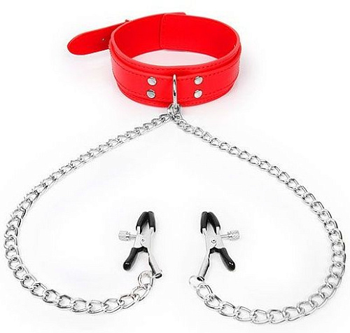Красный ошейник с зажимами на соски на цепочке Bior toys NTB-80550