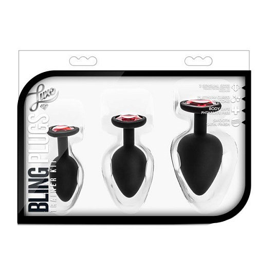 Набор чёрных анальных пробок с красным кристаллом-сердечком Blush Novelties Bling Plugs Training Kit BL-395825