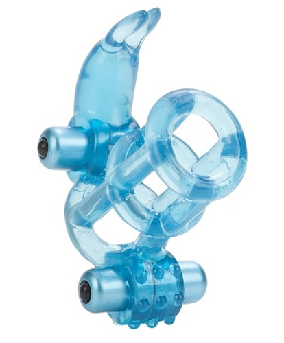 Нежно-голубое эрекционное кольцо с 2 вибраторами California Exotic Novelties BASIC ESSENTIAL SE-1739-12-2