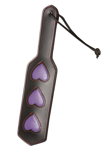 Чёрный кожаный пэддл с сиреневыми сердечками Allure Lingerie X-Play 2048