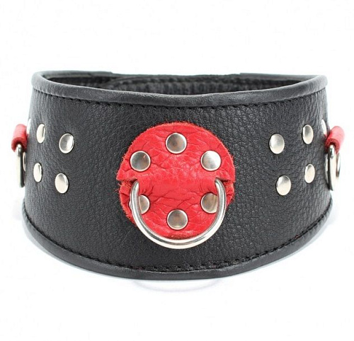 Чёрно-красный кожаный ошейник с клепками и кольцами БДСМ арсенал 55006