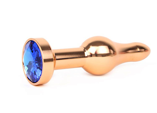 Удлиненная шарикообразная золотистая анальная втулка с синим кристаллом Anal Jewelry Plug ZGLD-13 (10,3 см)
