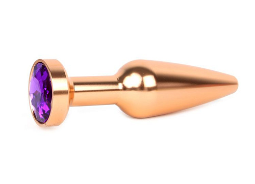 Удлиненная коническая гладкая золотистая анальная втулка с кристаллом фиолетового цвета Anal Jewelry Plug XGLD-04 (11,3 см)