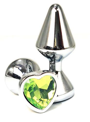 Серебристая анальная пробка с лаймовым кристаллом-сердцем Vandersex 400-UHG1 (8 см)