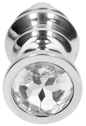 Серебристая ребристая анальная пробка с прозрачным кристаллом Shots Media BV RIC019SIL (9,2 см)