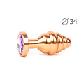 Коническая ребристая золотистая анальная втулка с сиреневым кристаллом Anal Jewelry Plug AG-15-M (8 см)