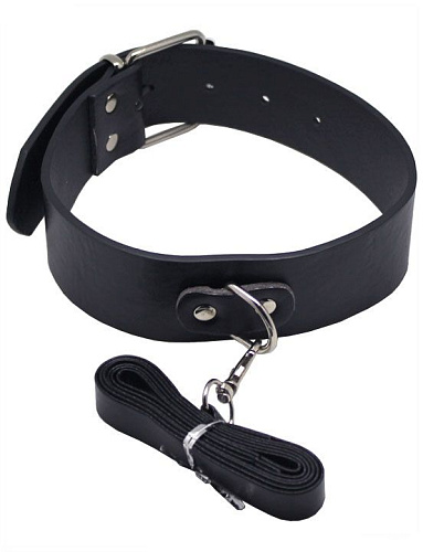 Чёрный ошейник с карабином и поводком Eroticon P3346B