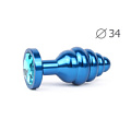 Коническая ребристая синяя анальная втулка с голубым кристаллом Anal Jewelry Plug ABL-05-M (8 см)